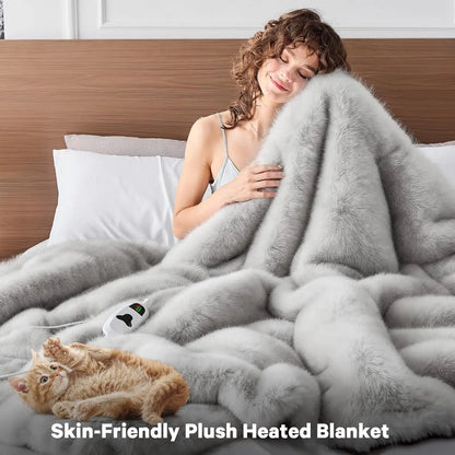 Heated Electric Blanket Throw, 50"X60" Faux Fur Heating Blanket with 10 Heat Levels & Auto Off, Cozy Winter Warming Gift