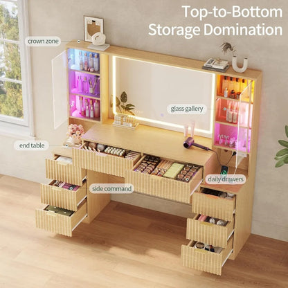 Fluted Wood Makeup Vanity Desk with Mirror and Sound Sync LED Lights, Large Vanity Dressing Table, Drawers, Glass Cabinets