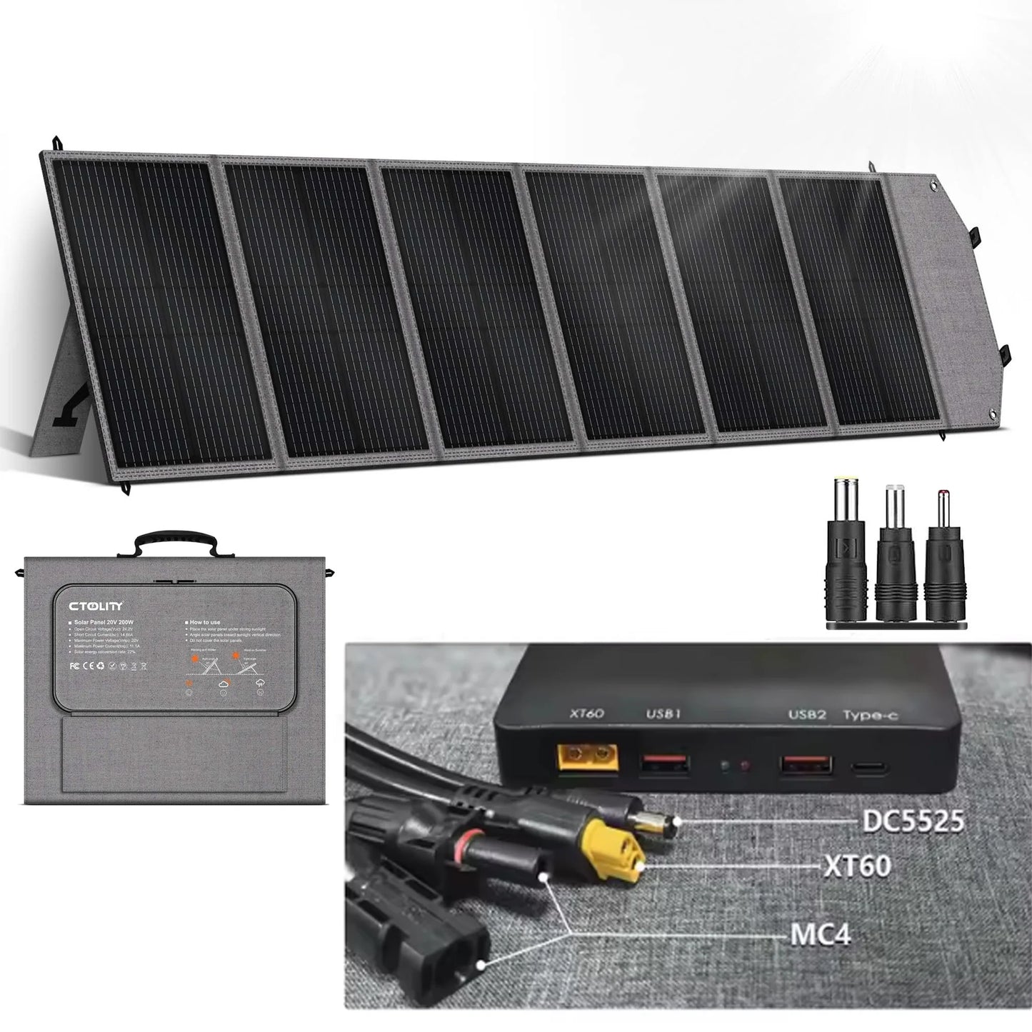 CTOLITY SPC200 Updated 200W Foldable Solar Charger 20.5V Portable Solar Panel IP68 Waterproof Power Backup Power Station RV Camp