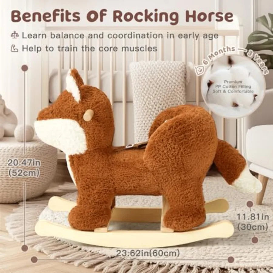 Baby Rocking Horse, Brownish Red Fox Rocking Horse with Seat Belt, Plush Animal Rocker for Kids, Stuffed Rocker Toy for Children