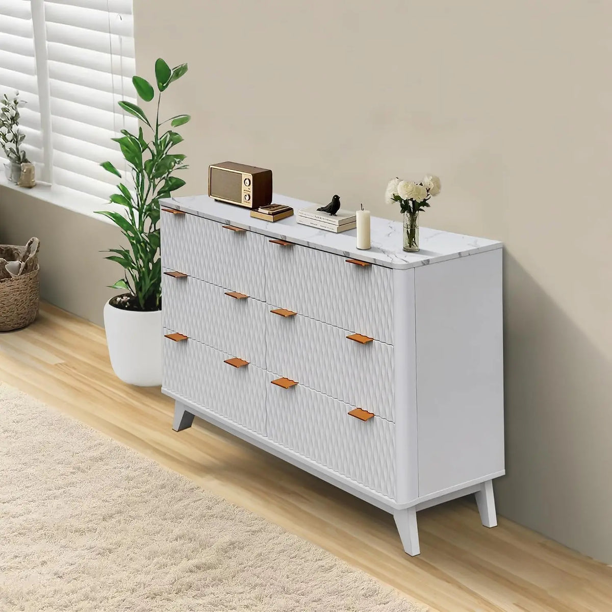 Fluted Dresser for Bedroom, Modern 6 Drawer Dresser, Double Chest of Drawers with Faux Marble Top, Wood Storage Cabinet for Living Room, Hallway, Entryway