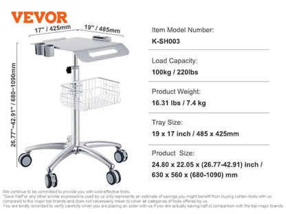 VEVOR Lab Trolley 3-Layer Rolling Cart Metal Mobile Trolley  220 lbs Weight Capacity for Lab Clinic Beauty and Salon
