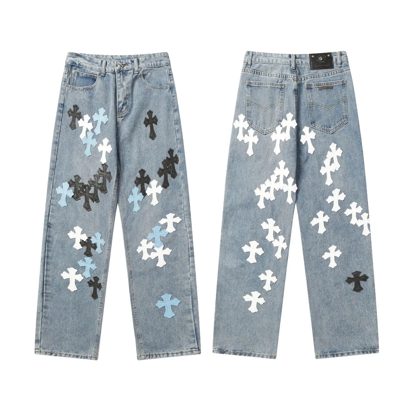 Classic Luxury Brand Men Women Leather Jeans Totem Patch Casual Pants Fashion Metal Embellished Couple Wear 2025