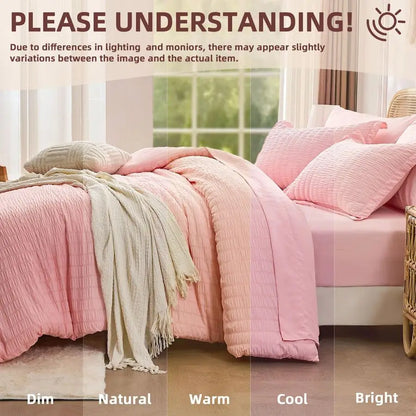 Pink Queen Comforter Set 7 Pieces, Luxury Seersucker Bed in a Bag Queen Size for All Seasons, Soft Bedding Set with Comforter, F