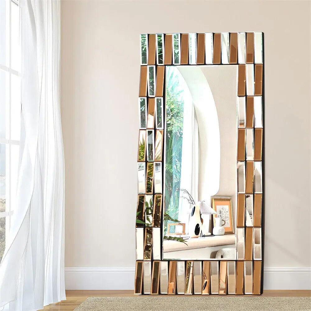 Stylish Wall Decor Mirror Rectangular Accent Mirror Horizontal/Vertical Hanging Sunburst Silver Tawny Beveled Glass for Home