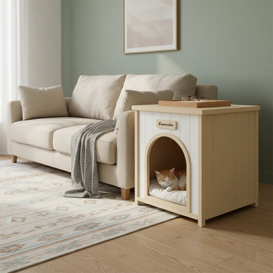 Modern Indoor Wooden Dog House with Removable Cushion – Solid Cedar Pet House for Small Dogs & Cats, Furniture-Grade Design