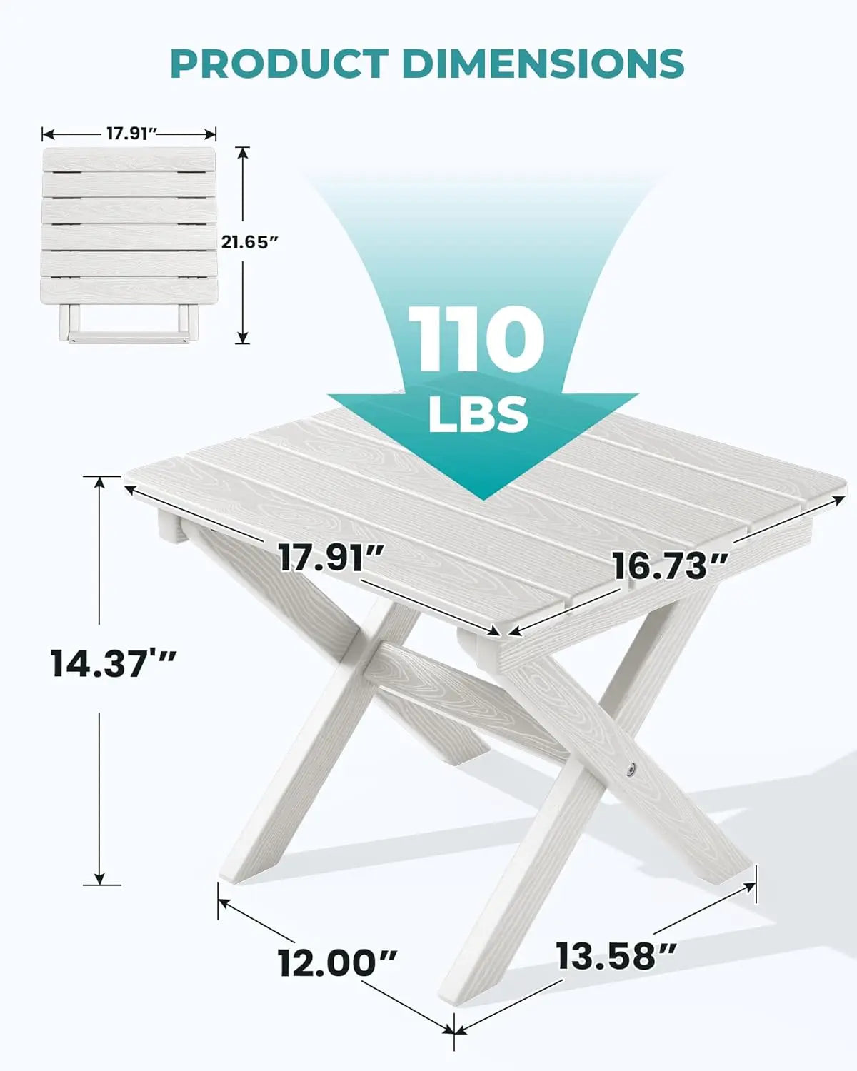 Portable Folding Adirondack Side Table, HDPE Outdoor End Table, Weather-Resistant, 110 lbs Capacity, White