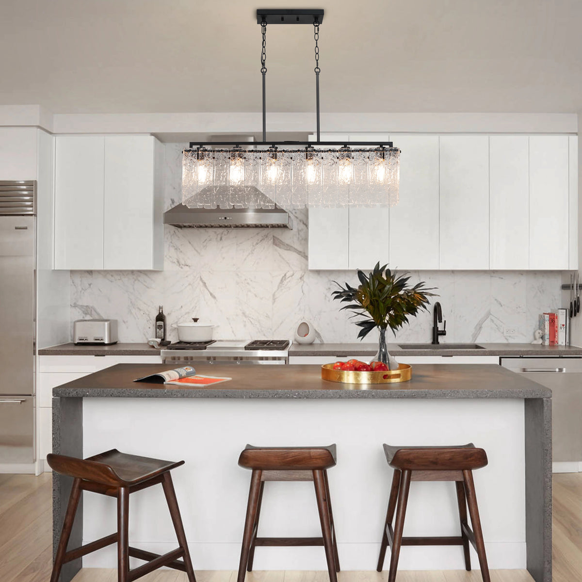 Rectangle Chandeliers for Dining Room 37" Water Ripple Glass Island Light Fixture Kitchen Island Lighting Adjust Height