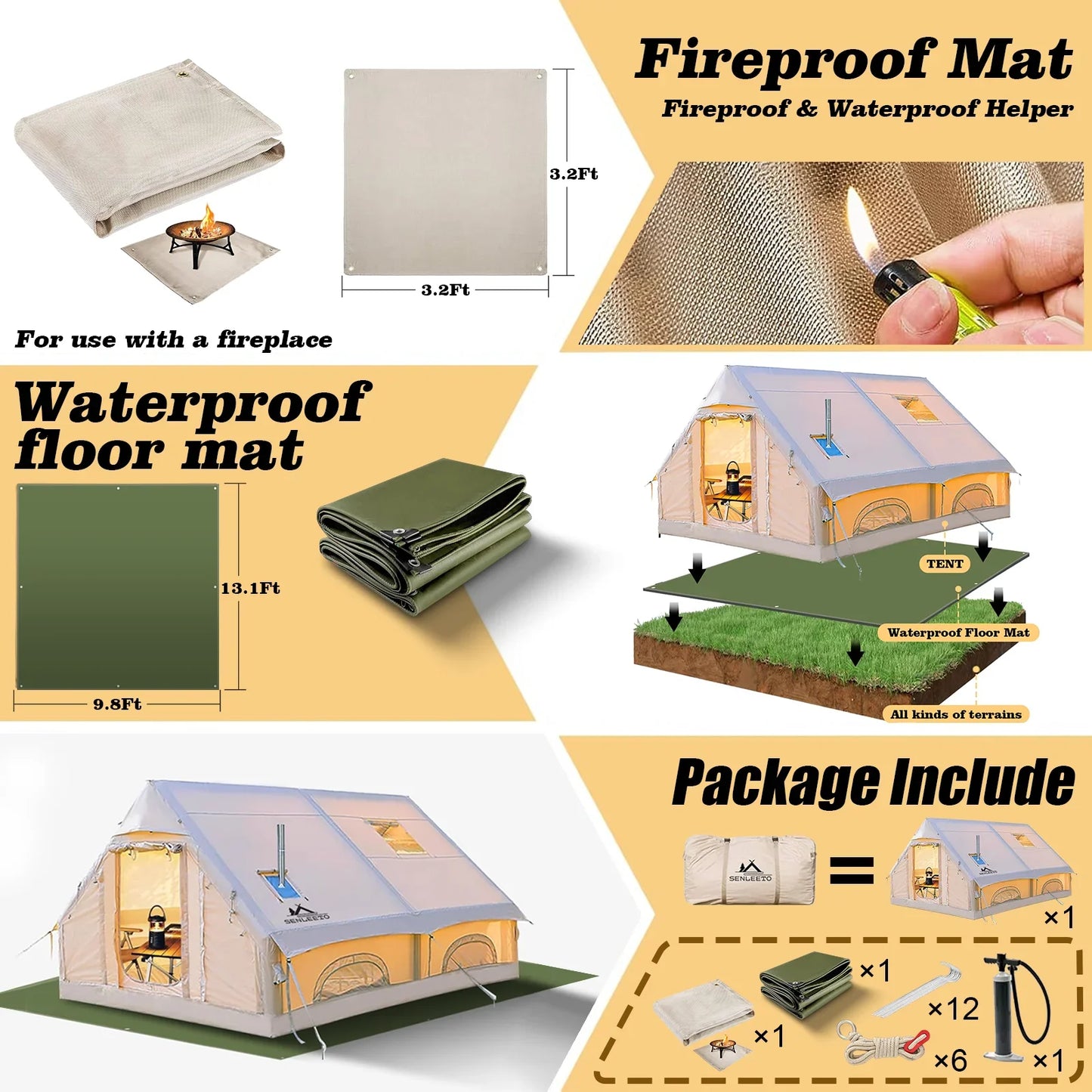 SENLEETO 13'x10' Inflatable Camping Tent with Waterproof  Floor Mat&Firproof Mat,4 Season Glamping Air Tent with Chimney Opening