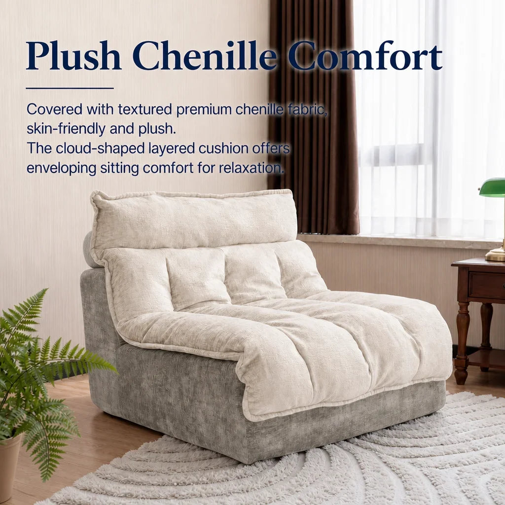 High Density Foam Bean Bag Chair Double Layer Chenille Lazy Sofa Ergonomic Tiered Back Support Compact Single Sofa for Living Room Apartment