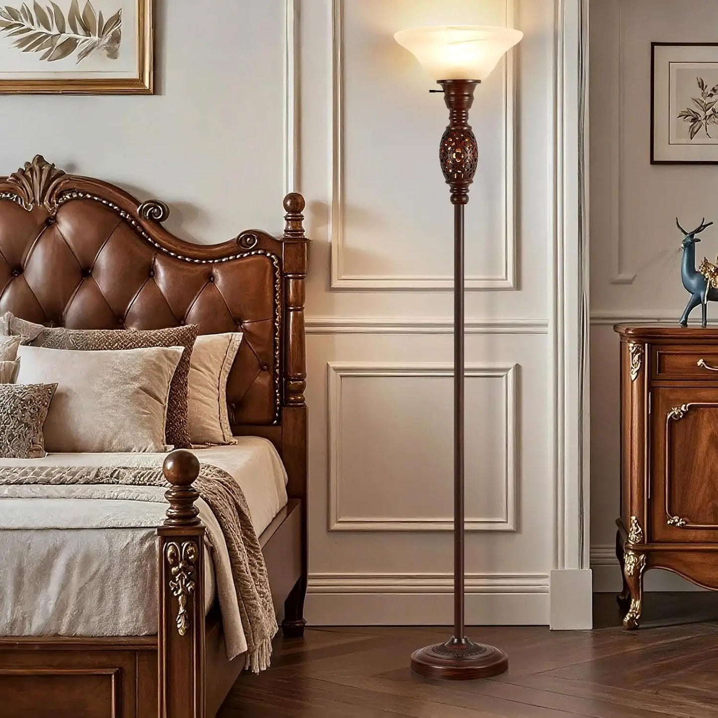 70' Victorian Torchiere Floor Lamp with Night Light, Rotary Switch & Etched Glass Shade, Retro Standing Lamp for Living Room, Be