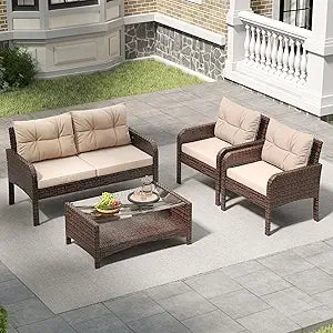 Outdoor Patio Wicker 5-Piece Furniture Set, No Assembly Required All-Weather Rattan Conversation Bistro & Storage Table for Gard