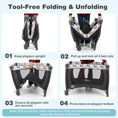 Portable Baby Playard with Bassinet, Cradle, Diaper Bag, Music, and Changing Station in Blue