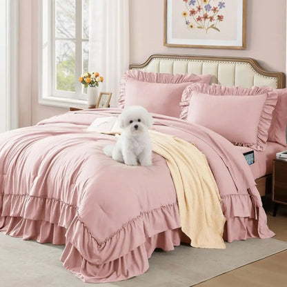Comforter Set Soft Pink, Shabby Chic Bedding 7-Piece, All Season Bed in a Bag with Sheets, Pillowcases & Shams