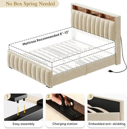 LED Full-KING Size Bed Frame with 4 Storage Drawers, Velvet Upholstered Platform Bed & Charging Station and Storage Headboard
