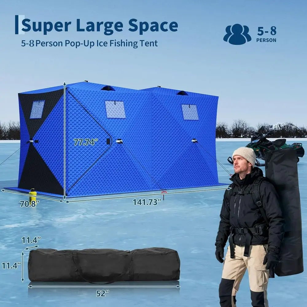4-8 Person Insulated Ice Fishing Tent with 49ft LED Light, Waterproof, Portable, 3-Layer Shelter, 2 Doors, Anchors, Ropes, and C