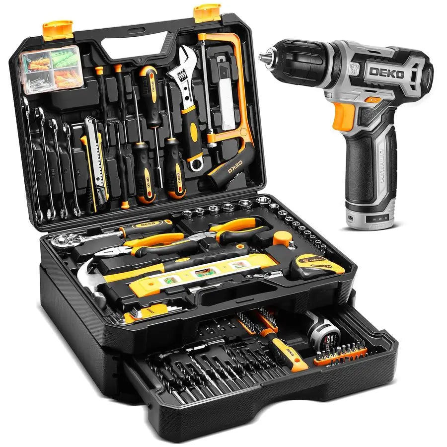 Kit Box Drill Set Home Mechanic Toolbox with 12V Power Cordless Drill Hand Repair Tools Sets Combo Kits Storage Organizer Drawer
