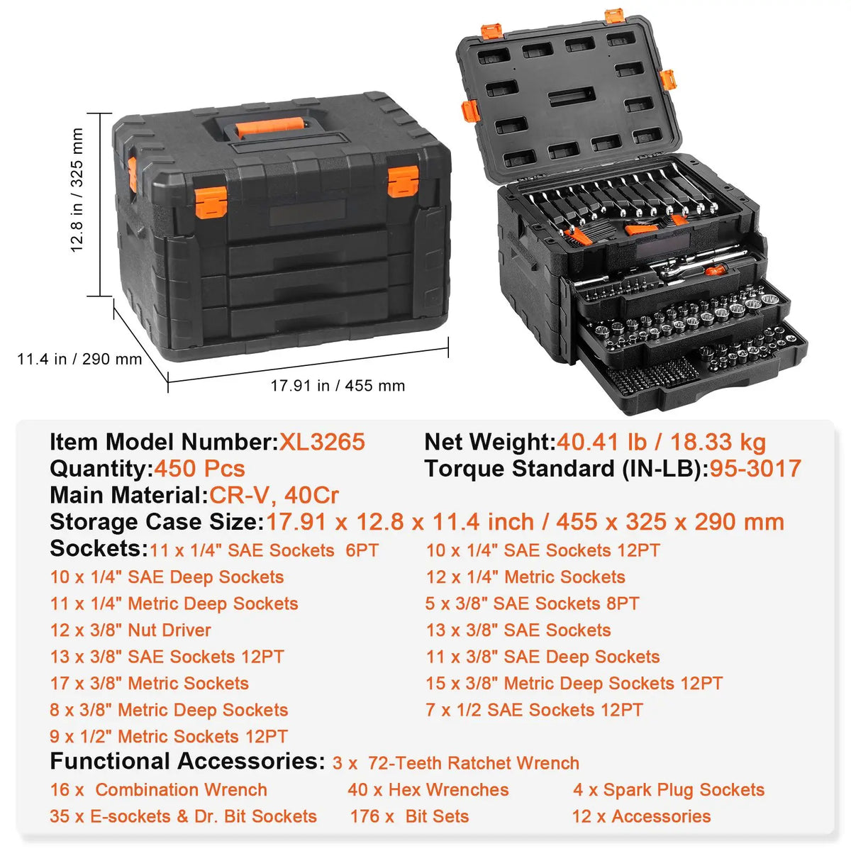 Mechanics Tool Set and Socket Set, 1/4" 3/8" 1/2" Drive Deep and Standard Sockets, 450 Pcs SAE and Metric Mechanic Tool Kit with Bits, Hex Wrenches, Combination Wrench, Accessories, Storage Case