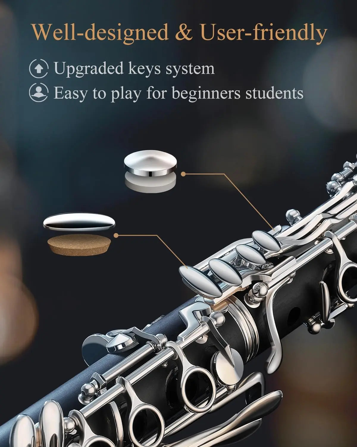 Upgraded Ebonite Bb Clarinet with Silver-Plated Keys, 2 Barrels, Hard Case, and Cleaning Kit for Intermediate Players