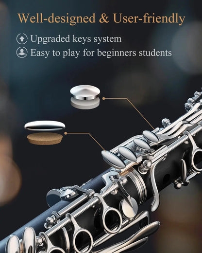 Upgraded Ebonite Bb Clarinet with Silver-Plated Keys, 2 Barrels, Hard Case, and Cleaning Kit for Intermediate Players