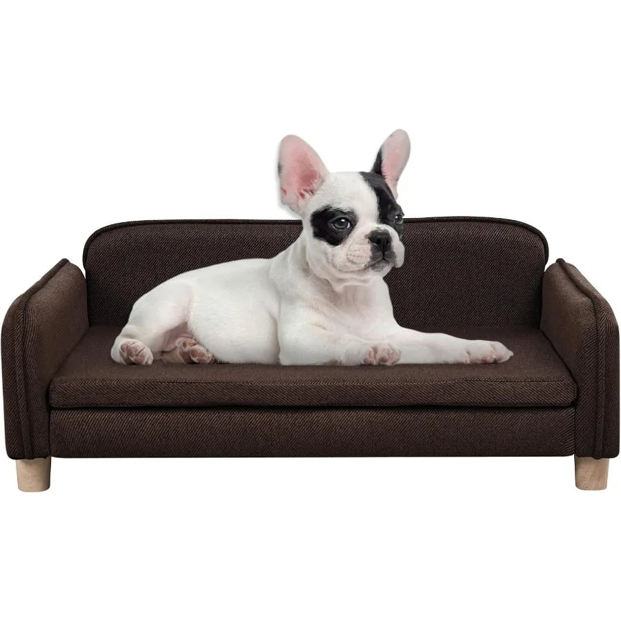 Big Sized Dog Bed with Wooden Frame for Large Medium Pets - Premium Linen Fabric Pet Sofa Couch with Washable Cushion Ideal for