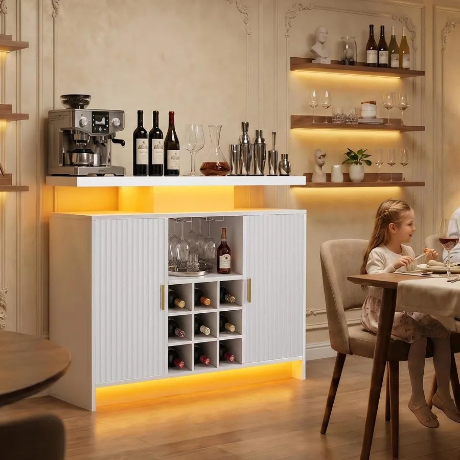 Coffee Bar Cabinet, Wine Storage with Power Outlet and LED Lights