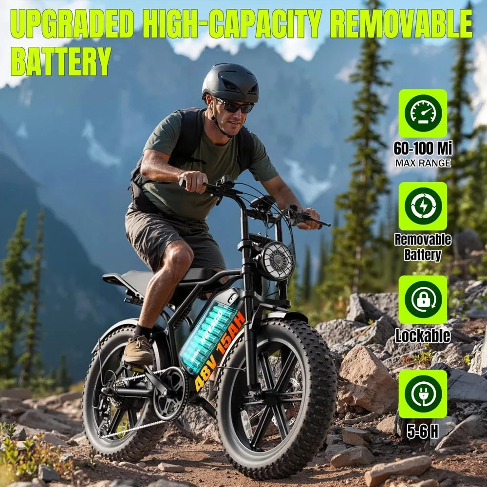 Electric Bike for Adults-1500W Peak Motor, 32MPH Off-Road Fat Tire Ebike, 20"x4.0" Tires, 48V 15/25AH Battery, Dual Suspension