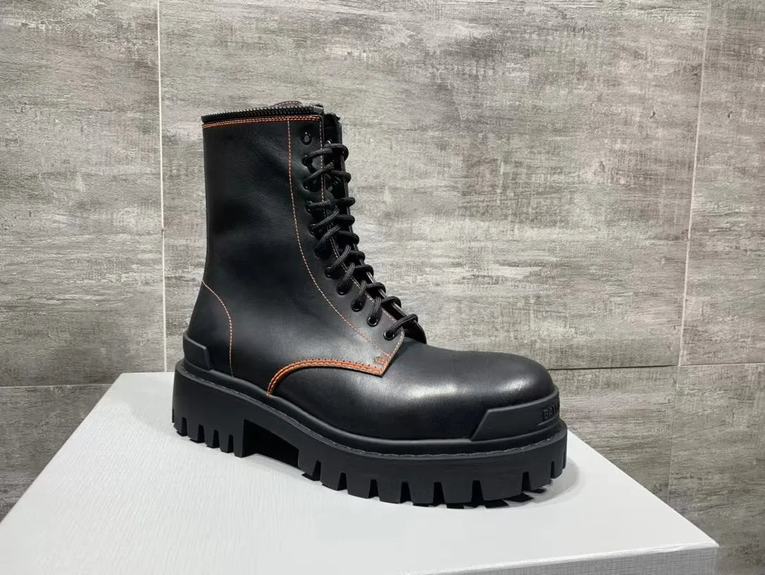 New Full Grain Leather Mid Calf Short Boots Round Toe Roomy Fit Cement Construction Men's Fall Winter Outdoor Boots