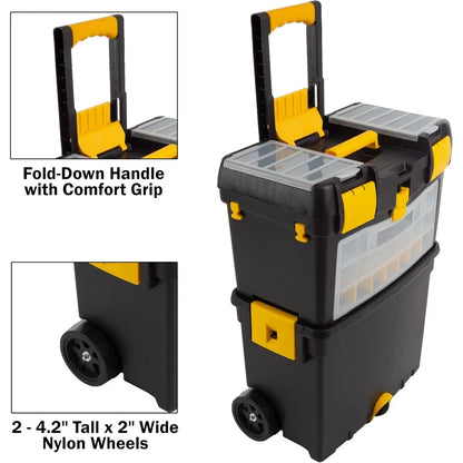 Foldable Rolling Tool Box with Wheels, Removable Top, and Multiple Compartments for Easy Tool Storage