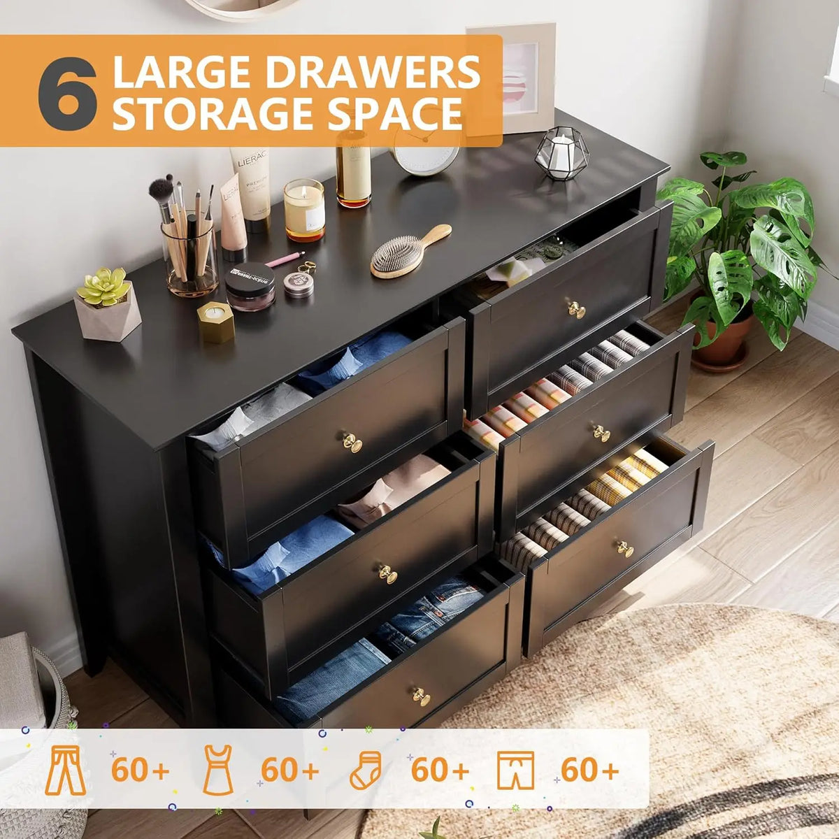 6 Drawer Dresser for Bedroom, Simply Modern Chest of Drawers, Wood Storage Double Dresser with Deep Drawers for Living Room, Hallway Entryway