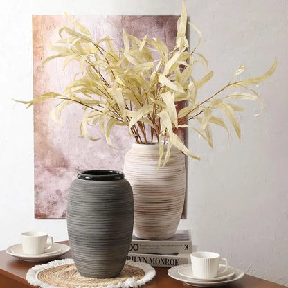 12 White Boho Style Wide Mouth Vase for Home Decor, Pampas Grass Centerpiece, Rustic Decor Vase for Living Spaces