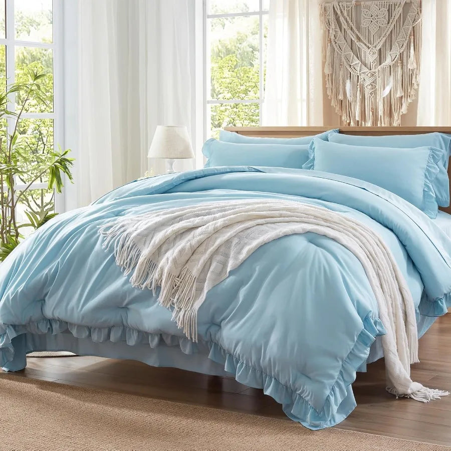 Queen Bed in a Bag 7 Piece Blue Shabby Chic All Season Ruffle Bedding Set with Comforter Pillow Shams Pillowcases Flat Sheet Fi