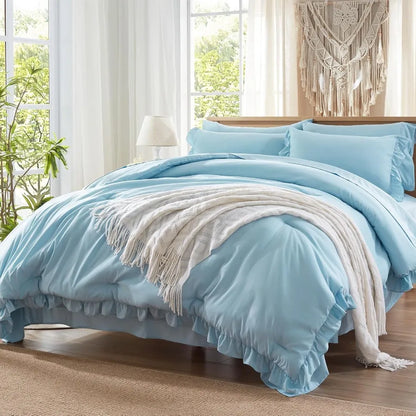 Queen Bed in a Bag 7 Piece Blue Shabby Chic All Season Ruffle Bedding Set with Comforter Pillow Shams Pillowcases Flat Sheet Fi