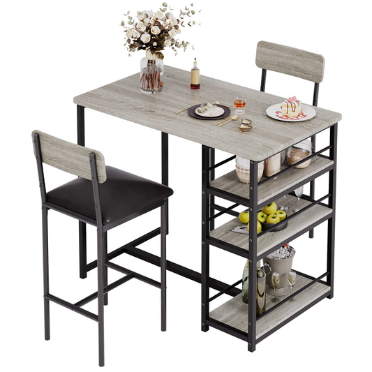 Dining Table Set for 2, Kitchen Table and Chairs, 3 Piece Counter Height Bar Kitchen Table Set with 2 Upholstered Chairs & 3 Storage Shelves for Small Space, Apartment, Retro Color/Gray