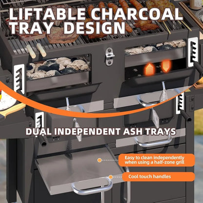 36 In Extra Large Charcoal Grill - 620 Sq.In Oversized BBQ Area with Thermometer & Individual Lifting Charcoal Trays, Storage C