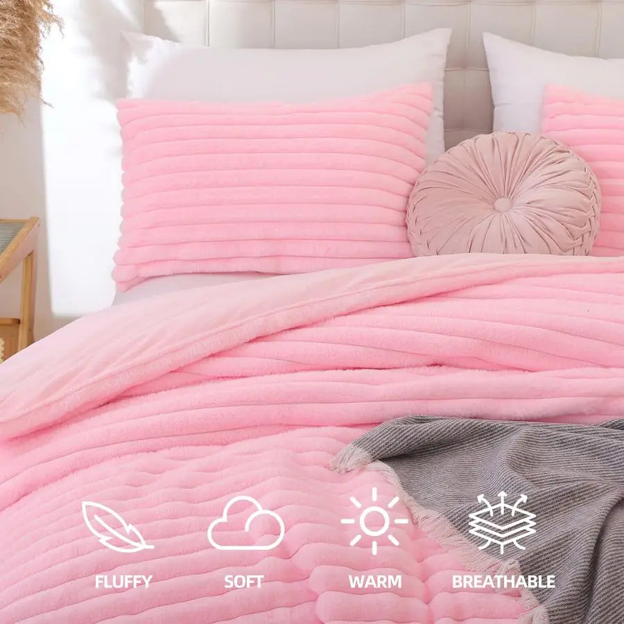 Fluffy Queen Comforter Set 3 Pieces Pink Fleece Fluffy Comforter Set, Luxury Fuzzy Queen Bedding Set, Soft Warm Bed Set All Seas