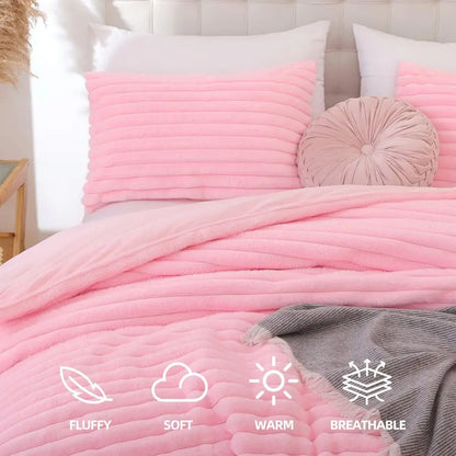 Fluffy Queen Comforter Set 3 Pieces Pink Fleece Fluffy Comforter Set, Luxury Fuzzy Queen Bedding Set, Soft Warm Bed Set All Seas