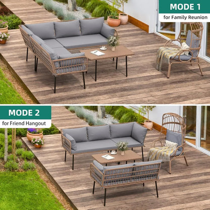 4-Piece Wicker Patio Furniture Set, All Weather PE Rattan Conversation Set Sectional Sofa with Soft Cushions & Side Table