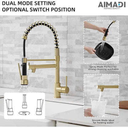 Brushed Gold Kitchen Faucet with Pull Down Sprayer, Commercial Gold Kitchen Sink Faucet Single Handle Spring Two Nozzles Faucets