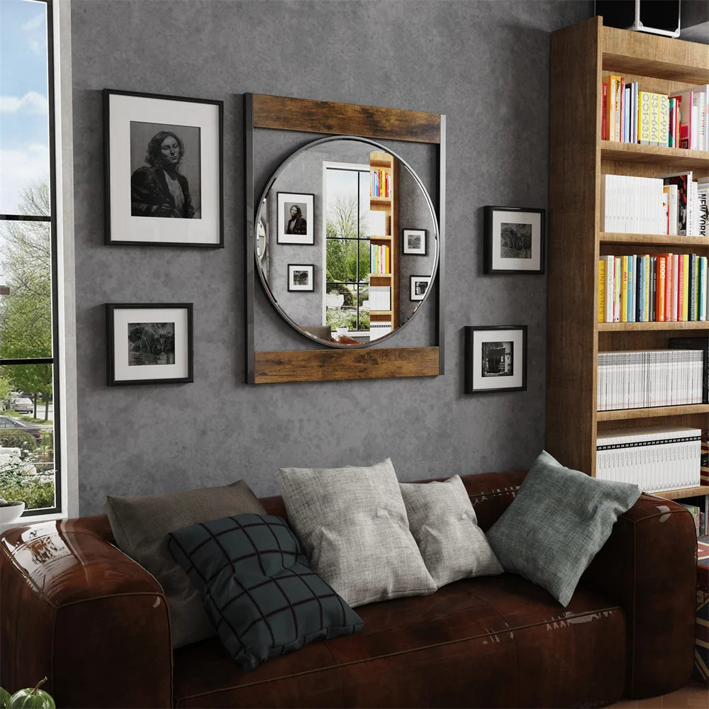 LUVODI Industrial Retro Decorative Wall Mirror Round Accent Mirror with Square Wood Frame for Wall Decor
