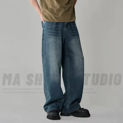Men's New Denim Pants Old Blue Black Washed Spring Autumn Male Jeans Straight Casual Menwear Loose Wide Leg Trousers New Fashion