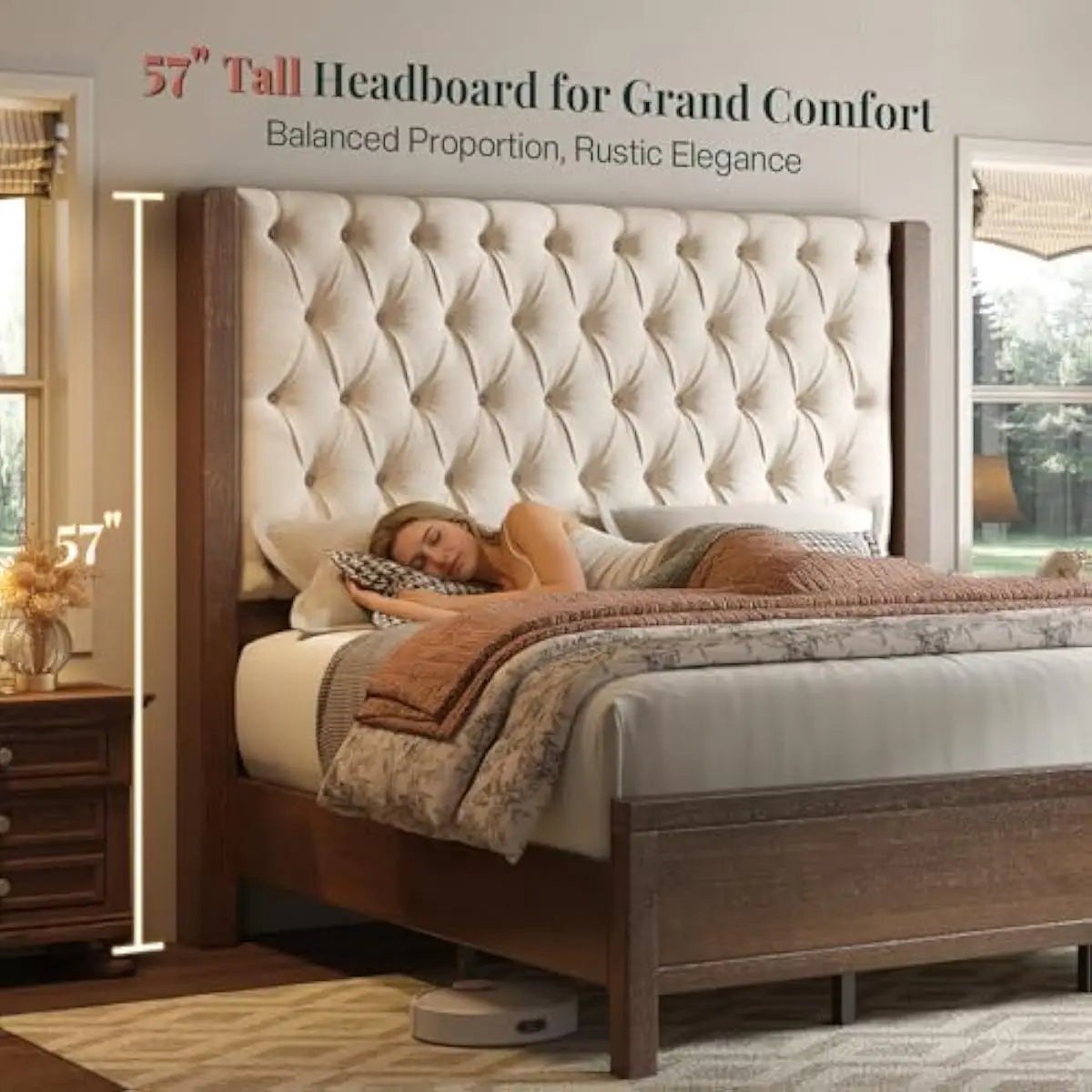 King Size Solid Wood Bed Frame,57' Wingback Headboard,Walnut