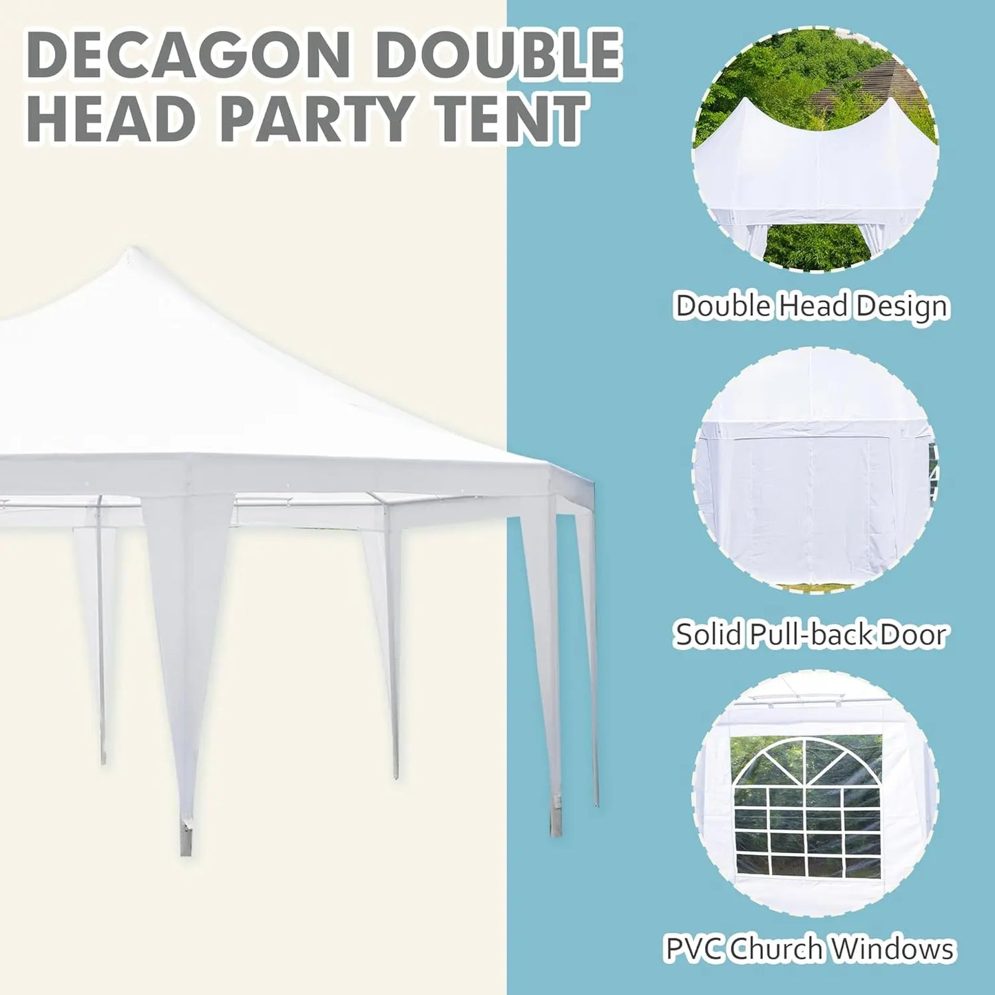 26x19ft Party Tent, White Wedding Tent, Decagonal Heavy Duty Canopy with 8 Removable Sidewalls, 8 Church Windows