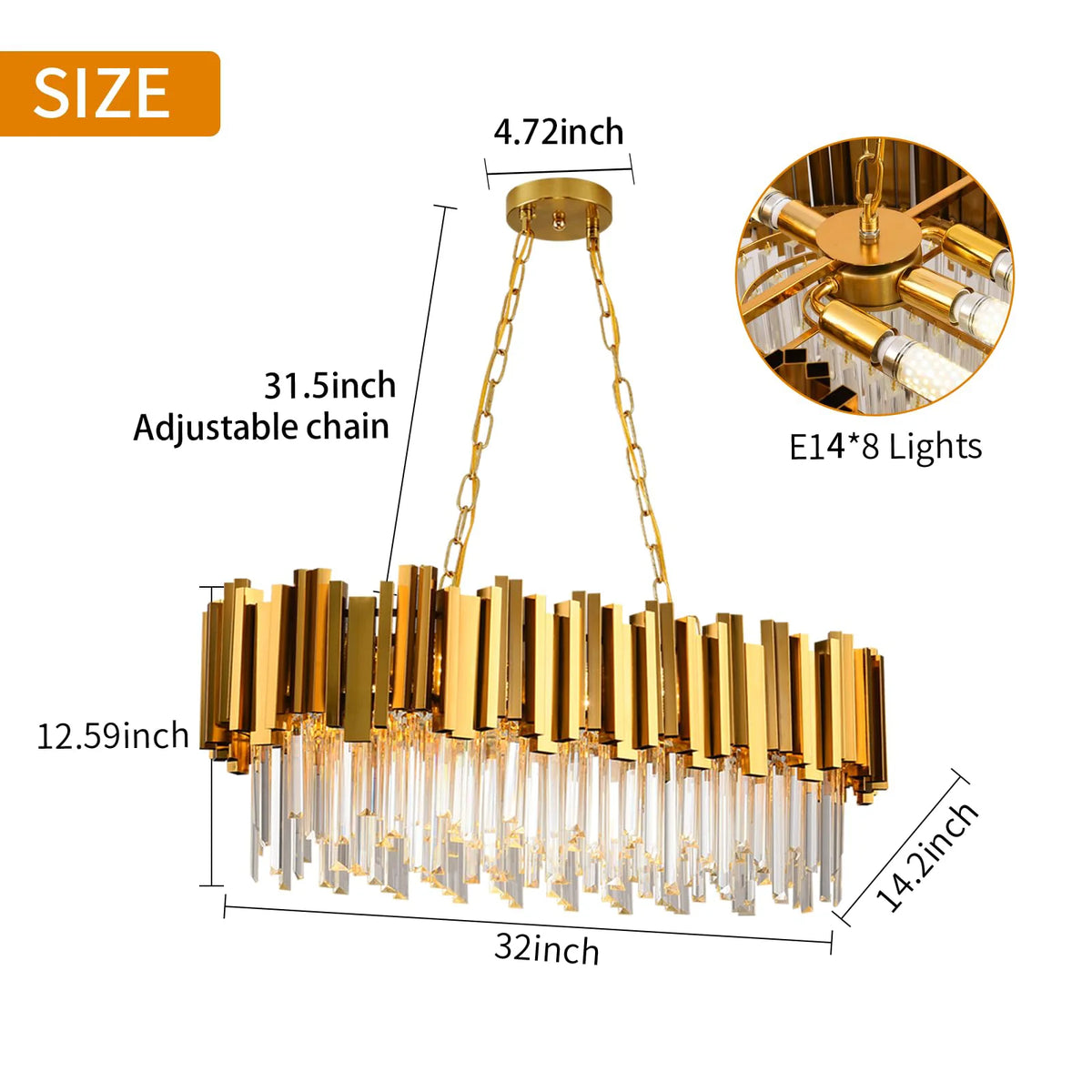 Modern Gold Crystal Chandelier, Luxury Oval Chain K9 Crystal Chandelier Light Fixture-kitchen island/dining room/living room/bar