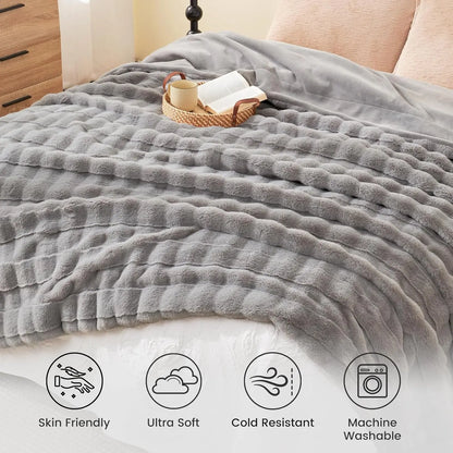 Fluffy Faux Fur Throw Blanket 60x80 Inches, Ultra Soft Grey Blanket for Couch Sofa Bed Living Room, Warm Cozy Gift