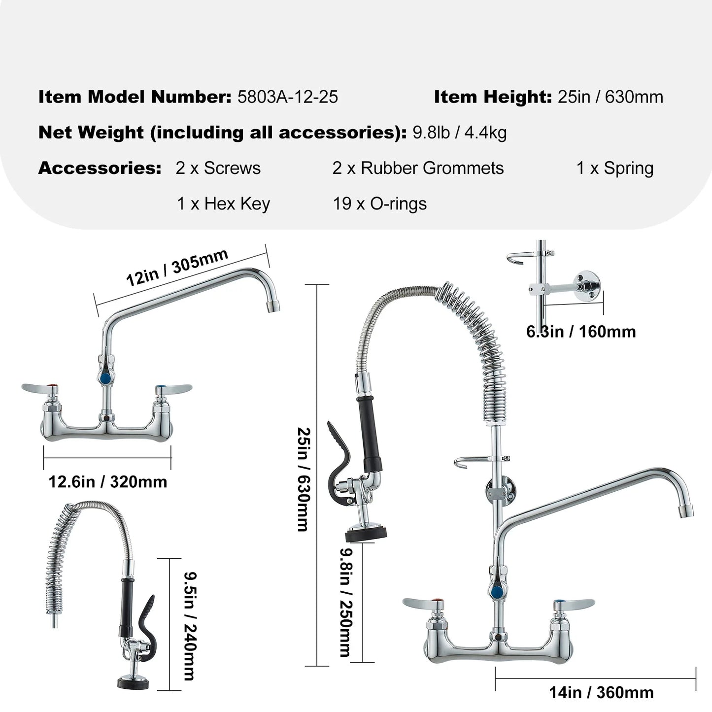 SucceBuy Commercial Faucet with Pre-Rinse Sprayer Wall Mount Kitchen Sink Faucet Brass Constructed Device with Pull Down Spray