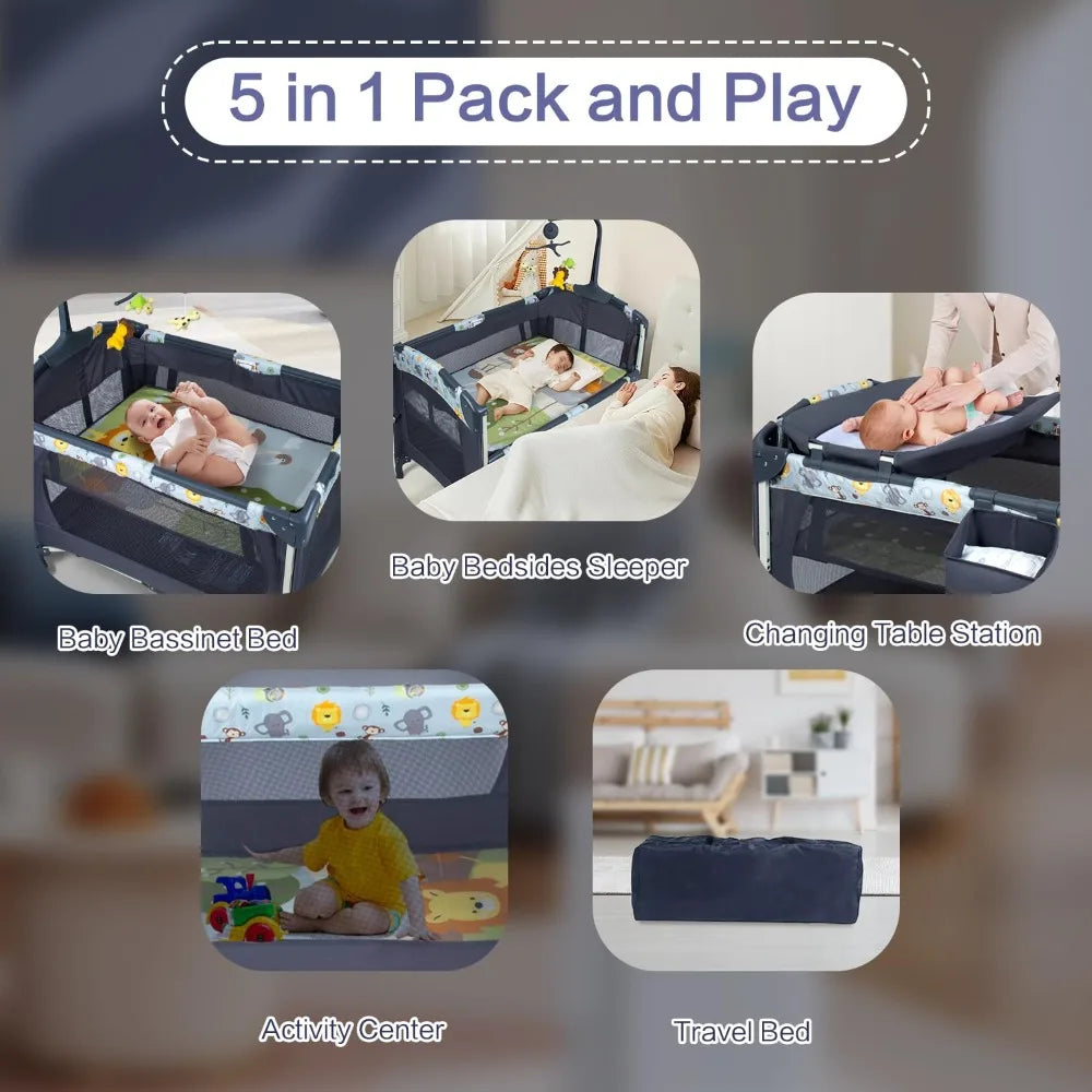5-in-1 Baby Bassinet Bedside Crib, Pack and Play Long Next to Parents Bed Crib with Toys & Music Box, Mattress, Foldable Playard