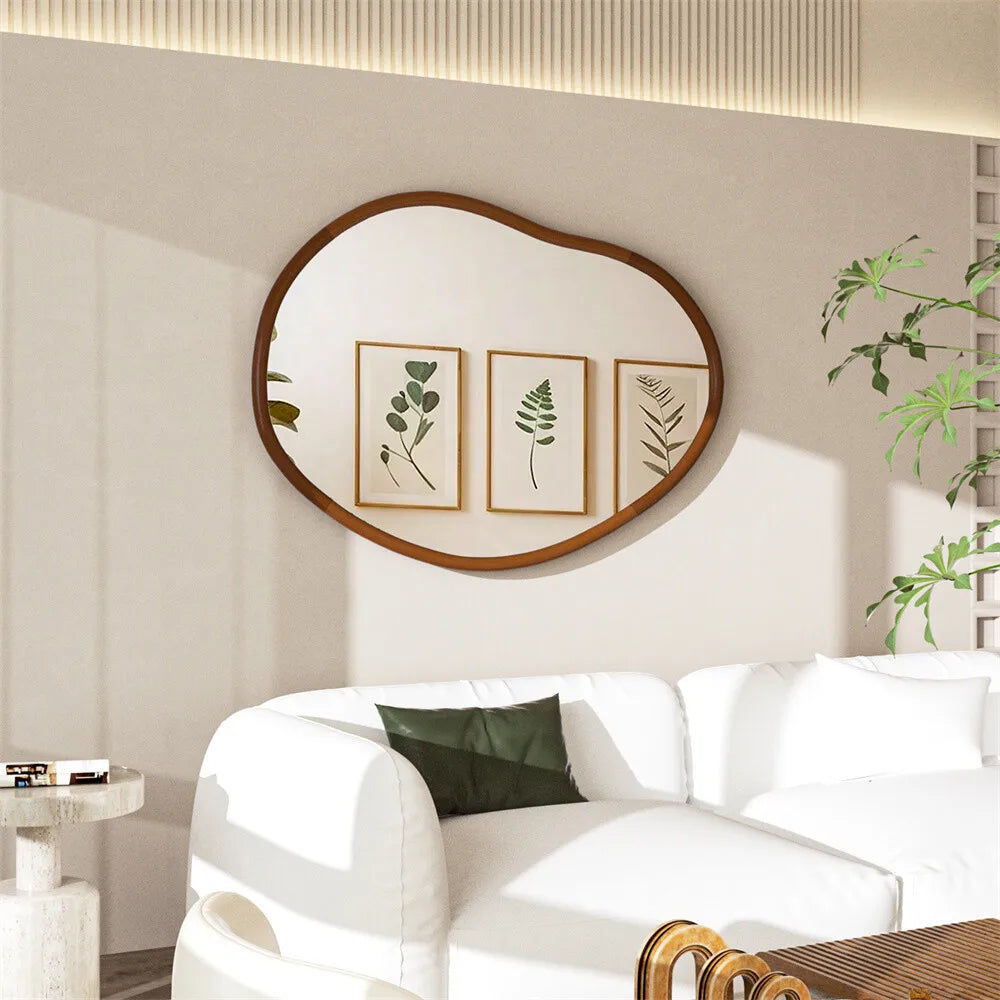 Large Irregular Wooden Framed Wall Mirror Asymmetrical Unique Hanging Loft Style