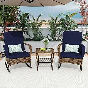 3-Piece Patio Furniture Set,Outdoor Rocking Chairs Set of 2, Patio Conversation Set with 2 Wicker Chairs with Rattan Coffee Tabl
