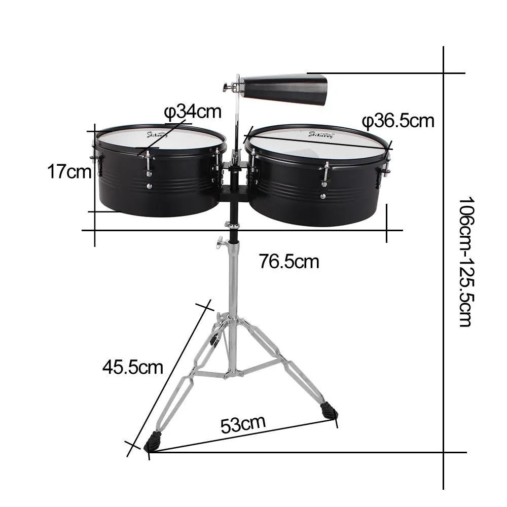 New Black 13" 14" Timbales Drum Set Percussion with Stand Cowbell